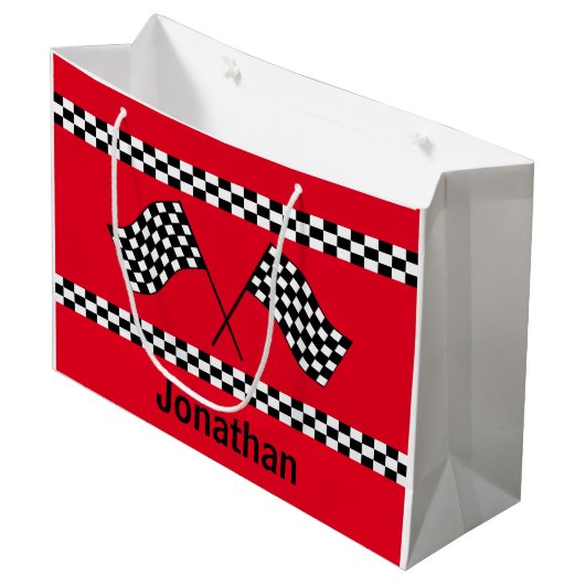 Geschenktasche mit Schachbrettflaggen-Design Große Geschenktüte (Vorderseite Schrägansicht)