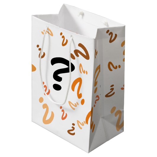 Geschenktasche - Orangefarbene Fragezeichen Mittlere Geschenktüte (Vorderseite Schrägansicht)