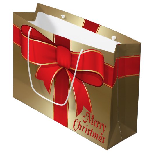 Geschenktasche - Red Bow & Ribbon auf Gold Große Geschenktüte (Vorderseite Schrägansicht)