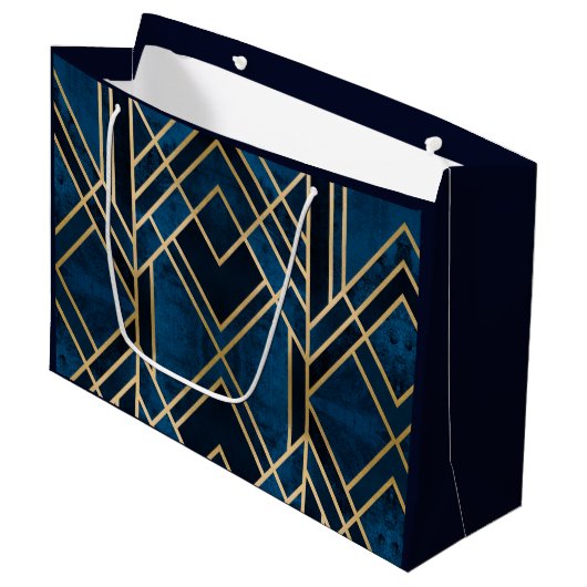 Geschenktaschen - Art Deco Blue & Gold Mirrored Große Geschenktüte (Vorderseite Schrägansicht)