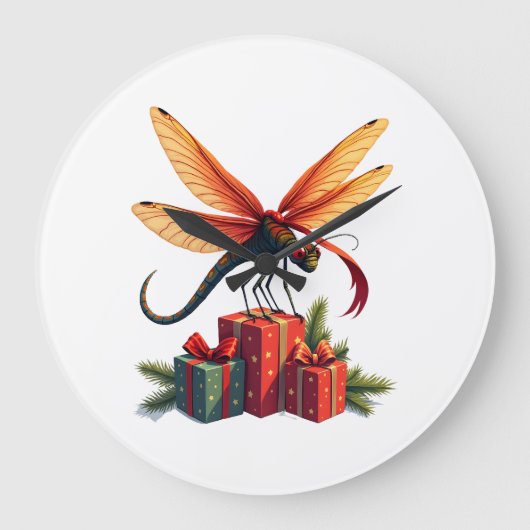 Geschenkverpackte Libelle Große Wanduhr (Vorderseite)