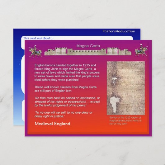 Geschichte, Mittelalter England, Magna Carta Postkarte (Vorne/Hinten)