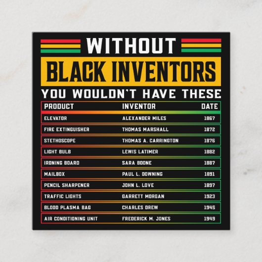 Geschichte vergessener schwarzer Erfinder schwarze Quadratische Visitenkarte (Vorderseite)