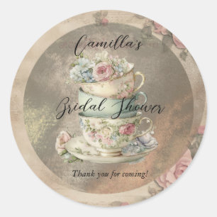 Geschichtete Blumen-Teetassen-Ephemere Hochzeitssh Runder Aufkleber