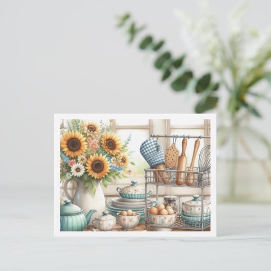 Geschirr Küche Bakers Rack Blue Teapot Postkarte (Stehend Vorderseite)