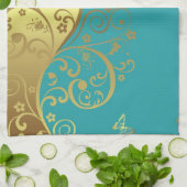 Geschirrtuch--Aquamariner u. GoldWirbel Handtuch (Gefaltet)