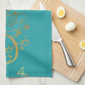 Geschirrtuch--Aquamariner u. GoldWirbel Handtuch (Viertel Falte)