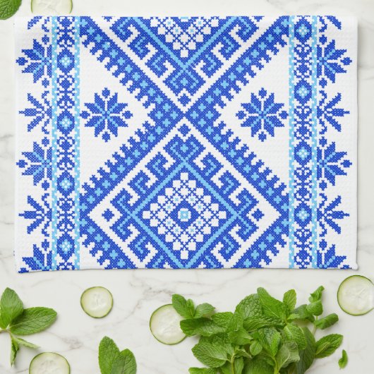 Geschirrtuch-ukrainisches Querstich-Druck-Blau Handtuch (Gefaltet)
