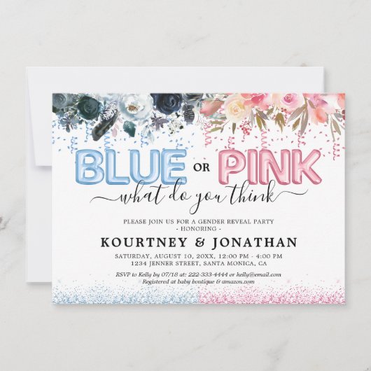 Geschlecht: Blauer oder rosa Babydusche Einladung (Vorderseite)