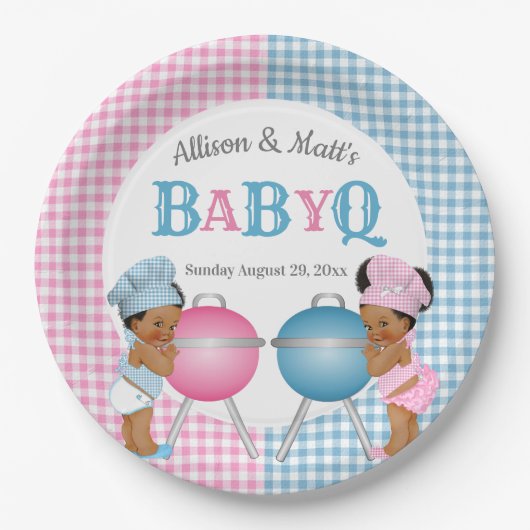 Geschlecht decken rosa blaue Gingham-Baby Q Pappteller (Vorderseite)