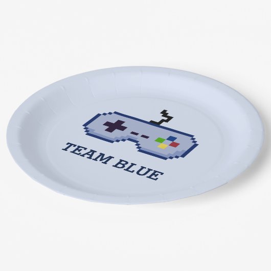 Geschlecht des Gamer-8bit decken Team-Blau auf Pappteller (Schrägansicht)