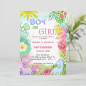 Geschlecht: Dino Floral Glitzer Einladung (Stehend Vorderseite)