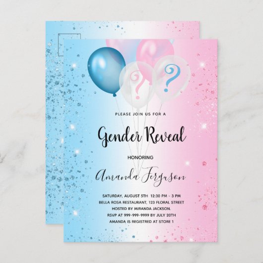 Geschlecht enthüllt Baby Dusche Rosa blaue Junge M Einladungspostkarte (Vorne/Hinten)