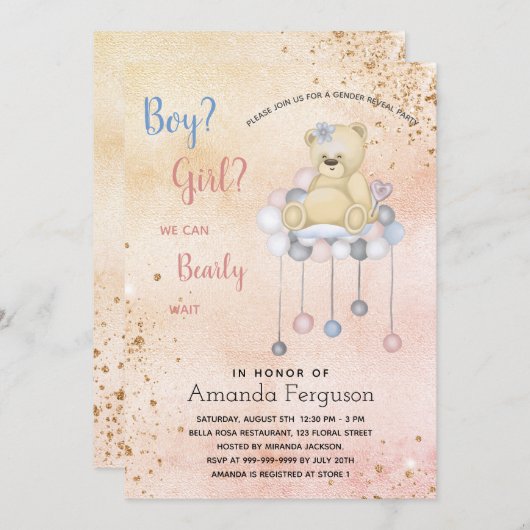Geschlecht enthüllt Baby Dusche Teddy Bärenjunge M Einladung (Vorne/Hinten)