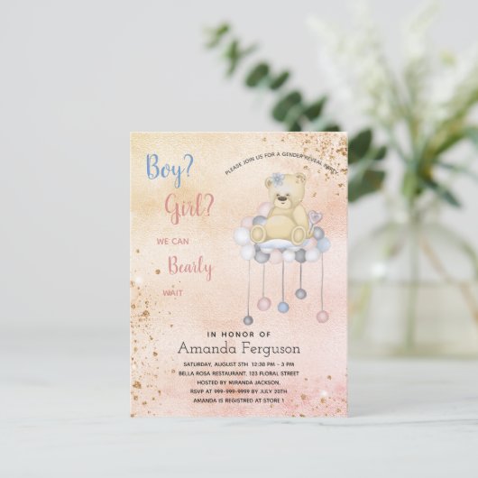Geschlecht enthüllt Baby Dusche Teddy Bärenjunge M Einladungspostkarte (Stehend Vorderseite)