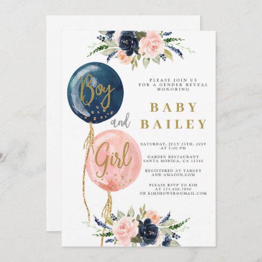 Geschlecht enthüllt Junge und Mädchen-Dusche Einladung (Vorne/Hinten)