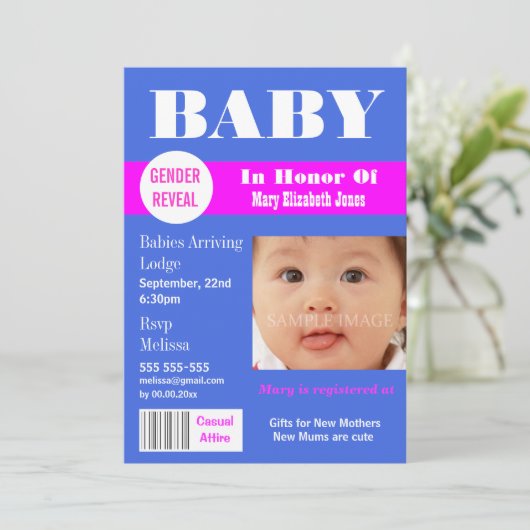 Geschlecht enthüllt Magazin Foto PERSONALIZE Einladung (Stehend Vorderseite)