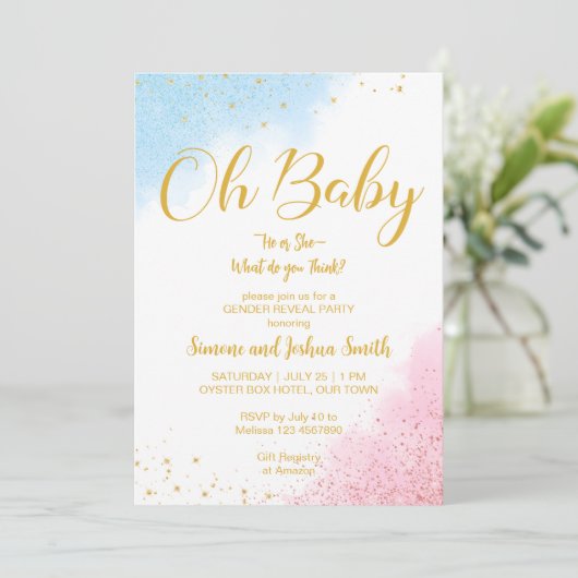 Geschlecht enthüllt rosa blaues Gold oh Baby einla Einladung (Stehend Vorderseite)