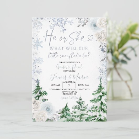Geschlecht: Er oder sie Winter-Schneeflocken-Wald Einladung (Stehend Vorderseite)
