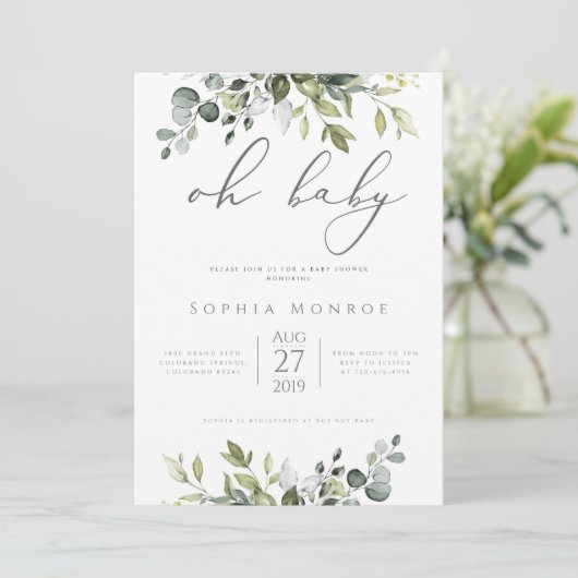 Geschlecht Neutrale Eukalyptus Grüne Oh Babydusche Einladung (Stehend Vorderseite)