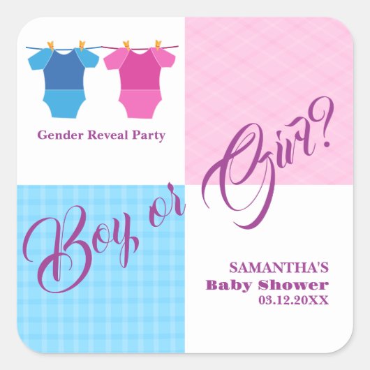 Geschlecht offenbaren Baby-Duschjunge oder Mädchen Quadratischer Aufkleber (Vorderseite)