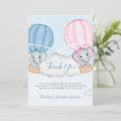 Geschlecht offenbaren Elephant Balloon Baby Shower Dankeskarte (Stehend Vorderseite)