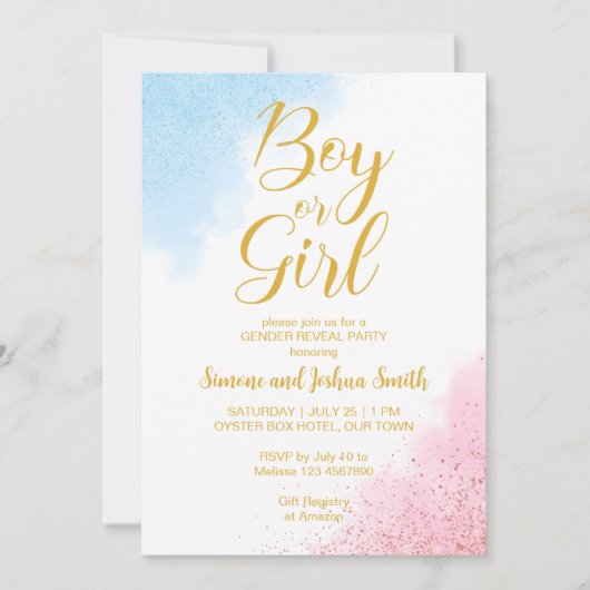 Geschlecht offenbaren Gold und Glitzer Junge oder  Einladung (Vorderseite)