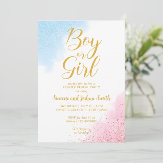 Geschlecht offenbaren Gold und Glitzer Junge oder  Einladung (Stehend Vorderseite)