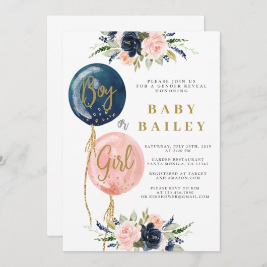 Geschlecht offenbart Baby Dusche Einladung, Ballon Einladung (Vorne/Hinten)