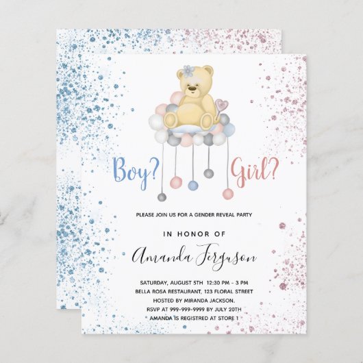 Geschlecht offenbart Baby-Dusche Teddy Bär blau pi (Vorne/Hinten)