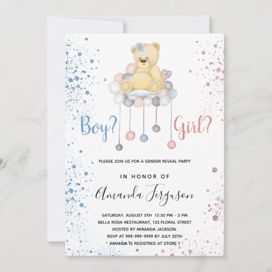 Geschlecht offenbart Baby-Dusche Teddy Bär blau pi Einladung (Vorderseite)