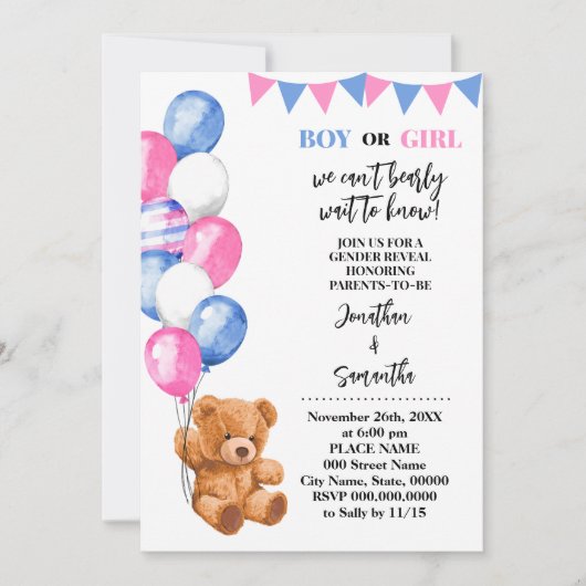 Geschlecht offenbart Bärenrosa und blaue Balkone Einladung (Vorderseite)