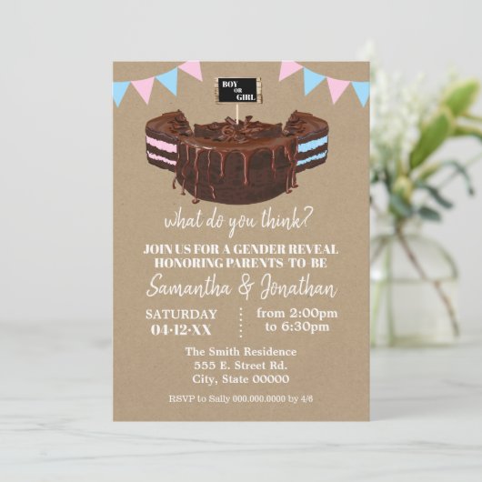 Geschlecht offenbart blaue oder rosa Kuchen Baby D Einladung (Stehend Vorderseite)