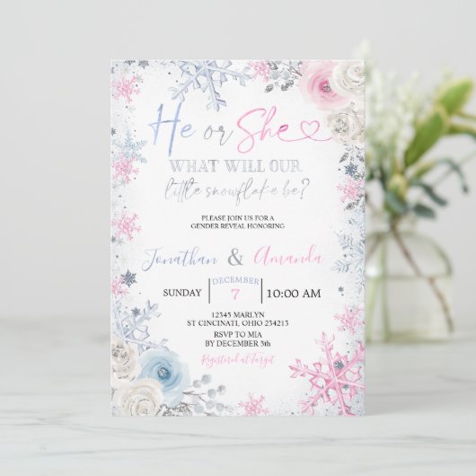 Geschlecht offenbart, dass er oder sie Schneeflock Einladung (Stehend Vorderseite)