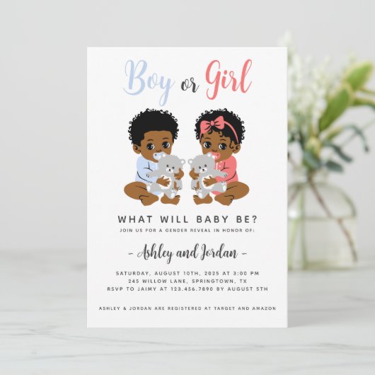 Geschlecht offenbart Einladung schwarzer Babys mit (Stehend Vorderseite)