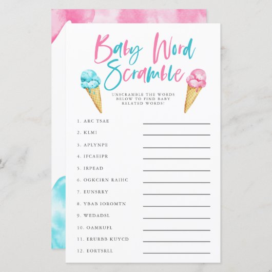 Geschlecht offenbart Eiscreme Baby Word Scramble G (Vorne/Hinten)
