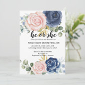 Geschlecht offenbart elegantes blühendes blaues Ro Einladung (Stehend Vorderseite)