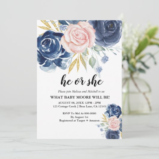 Geschlecht offenbart elegantes blühendes blaues Ro Einladung (Stehend Vorderseite)