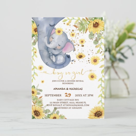 Geschlecht offenbart Elephant Sunflower Boho Baby Einladung (Stehend Vorderseite)