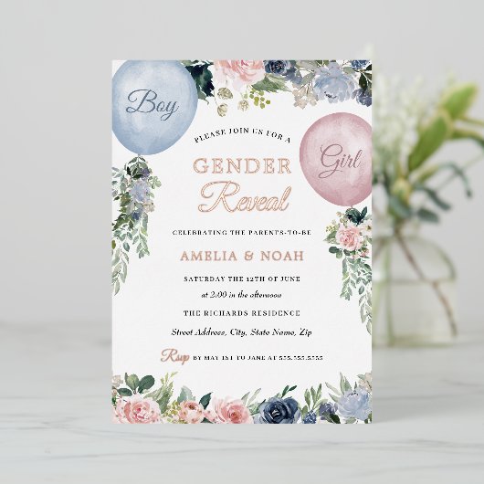 Geschlecht offenbart Foil Floral Ballon Pink Blau Folieneinladung (Stehend vorne)