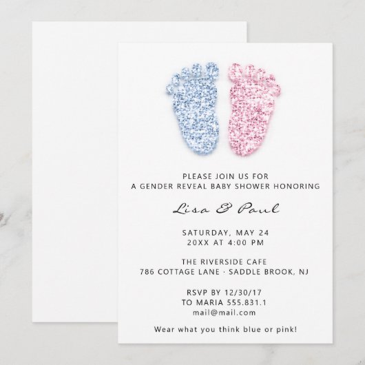 Geschlecht offenbart Fütterung Glitzer Pink Blue B Einladung (Vorne/Hinten)