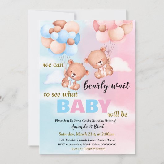 Geschlecht offenbart Junge oder Mädchen rosa oder Einladung (Vorderseite)