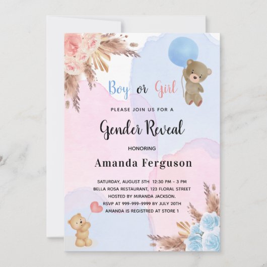 Geschlecht offenbart Pampas Gras Teddy Bär pink bl Einladung (Vorderseite)