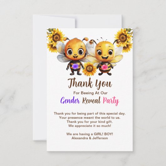 Geschlecht offenbart Party Er oder sie Baby Bee Sh Dankeskarte (Vorderseite)