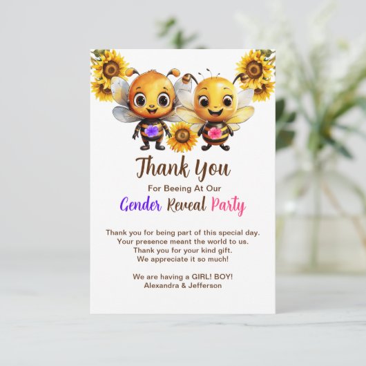 Geschlecht offenbart Party Er oder sie Baby Bee Sh Dankeskarte (Stehend Vorderseite)