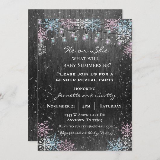 Geschlecht offenbart Party Winter Snowflake Wood L Einladung (Vorne/Hinten)