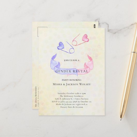 Geschlecht offenbart Pink Blue Button Baby Dusche Postkarte (Vorderseite/Rückseite Beispiel)