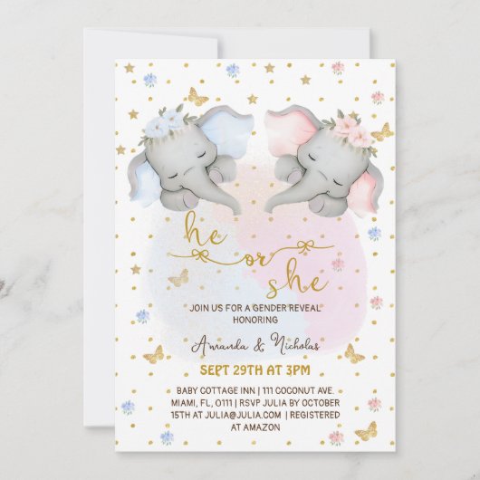 Geschlecht offenbart rosa blaue Flora Elefant Einladung (Vorderseite)