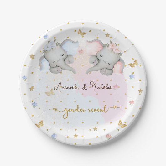 Geschlecht offenbart rosa blaue Flora Elefant Pappteller (Vorderseite)