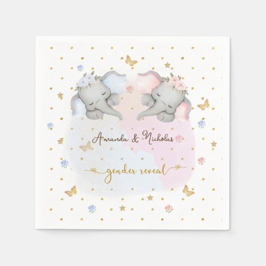 Geschlecht offenbart rosa blaue Flora Elefant Serviette (Vorderseite)